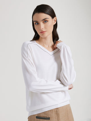 White knit top with V-neck beaded trim and long sleeves, relaxed fit