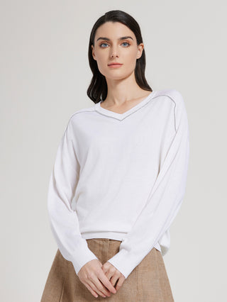 White silk-wool knit top with V-neck and beaded neckline trim, long sleeves