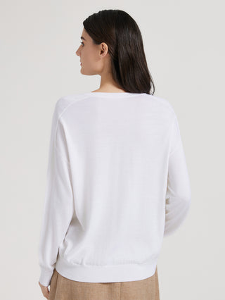 White knit top, long sleeves; back view with V-neck collar and clean hem