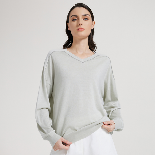 2025 Women's silk wool V-neck long sleeves pullover top BC1069