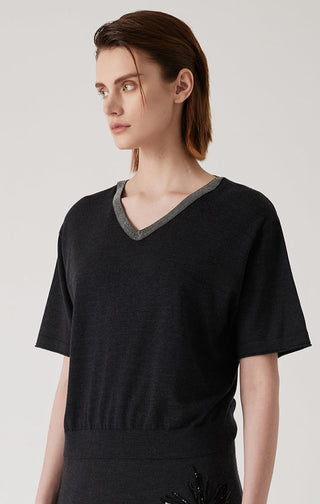 Black wool-silk V-neck knit top with gray binding, short sleeves