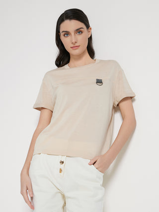 Camel short-sleeve knit T-shirt with chest beaded ring detail; relaxed drape