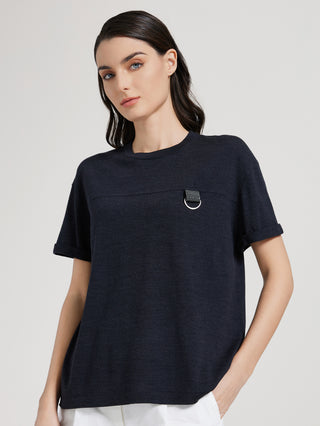 Black knit short-sleeve T-shirt with crew neck and chest beaded ring detail