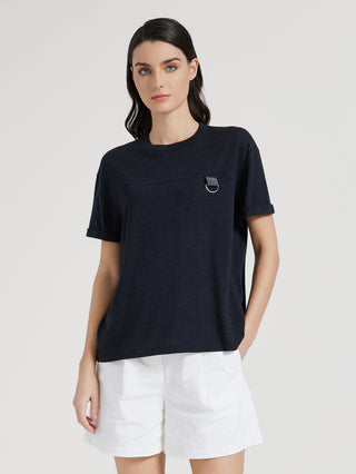 Black short-sleeve knit T-shirt with beaded ring detail at chest