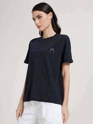 Black silk-wool knit T-shirt with short sleeves and chest beaded ring detail