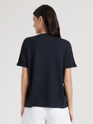 Back view of black knit short-sleeve T-shirt with crew neckline
