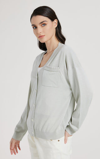 Sage green ribbed knit cardigan with scoop neck, button front, chest pocket