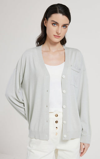 Sage green cardigan with button front and chest pocket detail, long sleeves