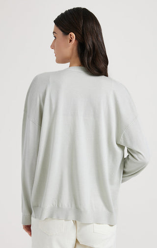Sage green wool-silk ribbed knit cardigan, back view with straight hem