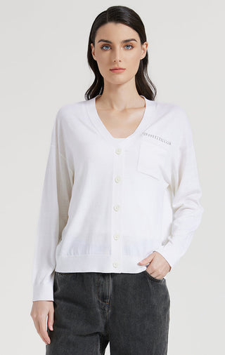 White ribbed knit cardigan, wool-silk blend, button front, beaded neckline detail