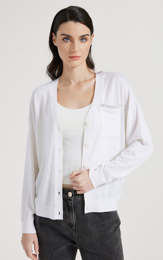 White ribbed wool-silk cardigan with scoop neck, button front, chest pocket