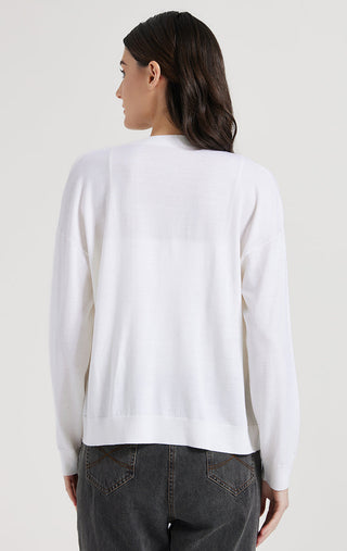 White wool-silk ribbed knit cardigan, back view, button placket and straight hem