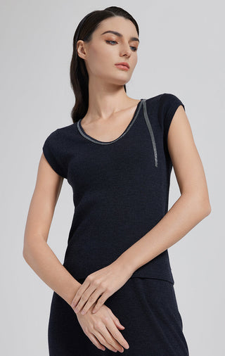 Graphite gray ribbed knit top with V-neck and beaded neckline tassel, short sleeves