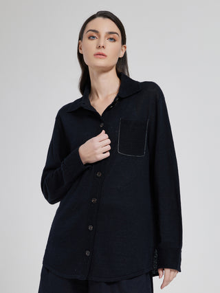 Dark gray wool-silk knit button-up shirt with spread collar and front button placket