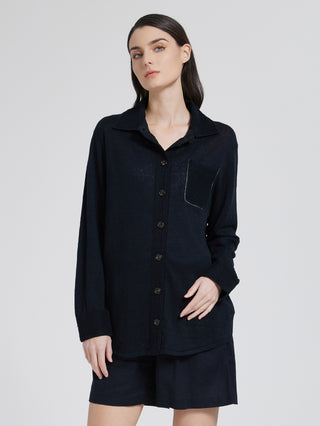 Dark gray button-front knit shirt with pointed collar and chest patch pocket