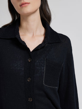 Close-up: dark gray knit shirt with button placket and textured chest patch pocket