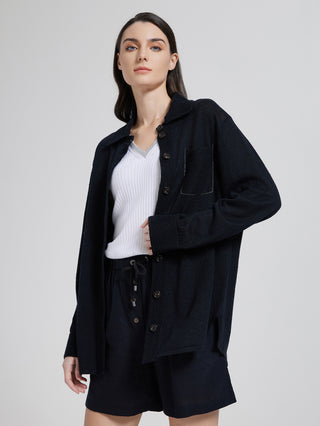 Dark gray wool-silk knit shirt with button front, chest pocket, and beaded drawstring detail