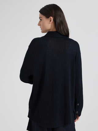 Dark gray knit shirt back view with ribbed neckline and full-length sleeves