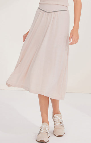 Light wool midi skirt with beaded chain trim, gathered waistband, full A-line flare