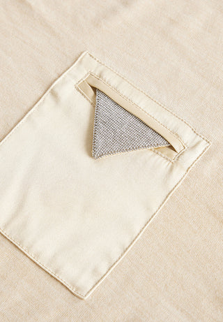 Camel wool-silk knit T-shirt front patch pocket with triangular embellished applique