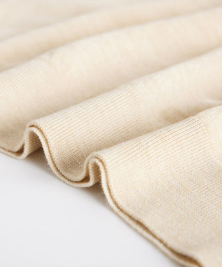 Camel wool-silk knit T-shirt sleeve cuff detail with ribbed edging