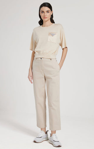 Camel wool-silk knit T-shirt with embellished patch pocket on chest; short sleeves
