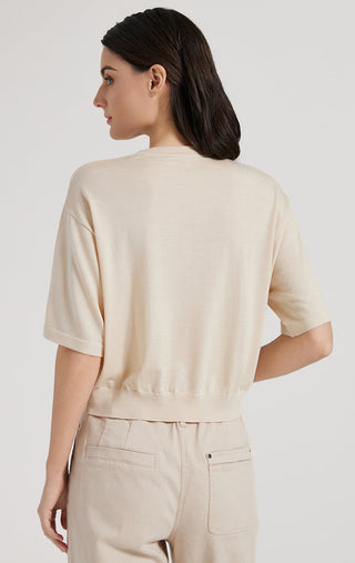 Camel knit T-shirt back view with short sleeves and stitched hem seam