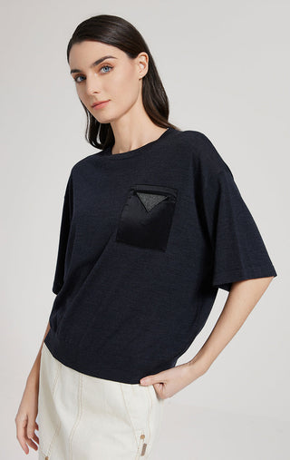 Dark gray wool-silk knit T-shirt with embellished triangle on front patch pocket