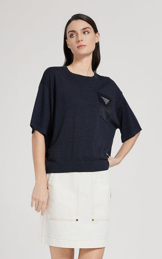 Dark gray knit T-shirt with embellished pocket detail, crew neck, short sleeves