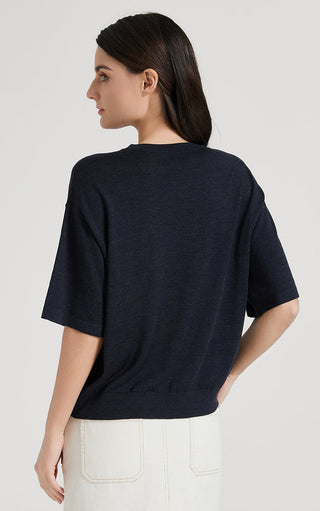 Dark gray wool-silk knit T-shirt, crew neck, short sleeves, back view