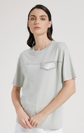 Light short-sleeve top front with silver thread pocket graphic and chest stripe