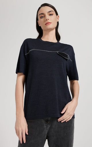 Dark short-sleeve crewneck top with silver thread graphic stripe and curved pocket detail