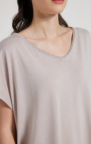 Camel T-shirt crew neckline close-up with soft drape and short batwing sleeves