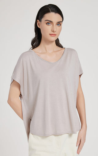 Camel women's relaxed T-shirt front view, loose fit with crew neckline