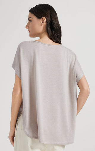 Camel relaxed T-shirt back view with draped shoulders and short sleeves