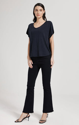 Black women's relaxed T-shirt front view with wide crew neck and short sleeves