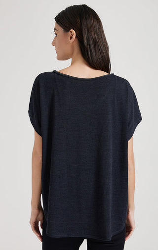 Black relaxed T-shirt back view with rounded crew neckline and short sleeves