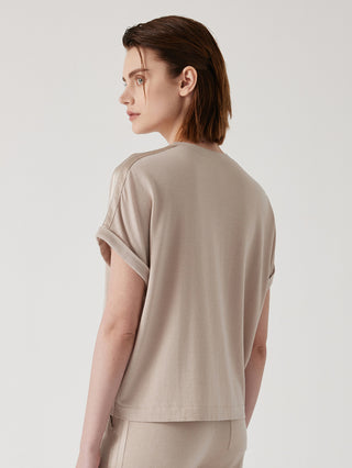 Camel wool-silk knit top, back view with relaxed crew neck and short sleeves