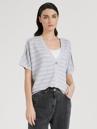 Light gray striped cardigan top, V-neck front with four buttons