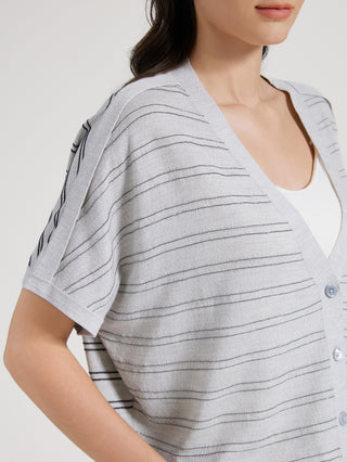 Light gray striped cardigan close-up: V-neck, button placket, thin horizontal lines