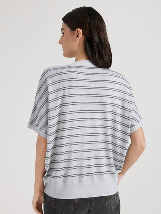 Light gray striped cardigan top, back view with short sleeves and V-neck