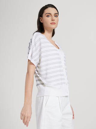 White striped cardigan top with V-neck and button placket, short sleeves