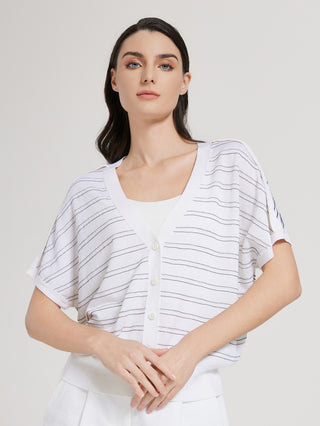 White striped cardigan top with front buttons, V-neck, relaxed short sleeves