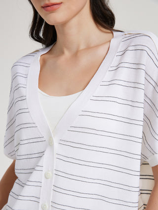 White striped cardigan close-up: V-neck, buttons, thin horizontal line pattern