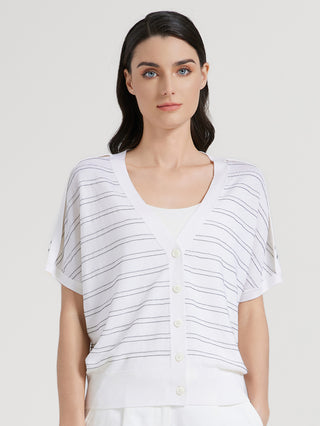 White striped cardigan top front view, V-neck and button closure