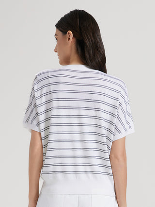 White striped cardigan top, back view with short sleeves