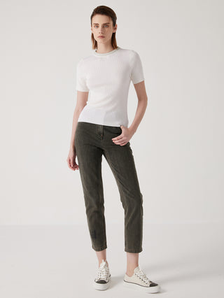 White wool-silk knit top with beaded-trim crew neck, short sleeves and straight fit