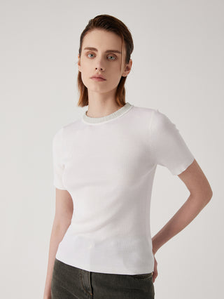 White wool-silk knit top with beaded-trim crew neck and short sleeves