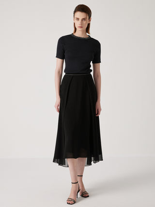 Black wool-silk knit top with beaded-trim crew neck, short sleeves, full outfit view