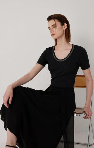 Black ribbed knit top with short sleeves and contrasting scoop neckline trim
